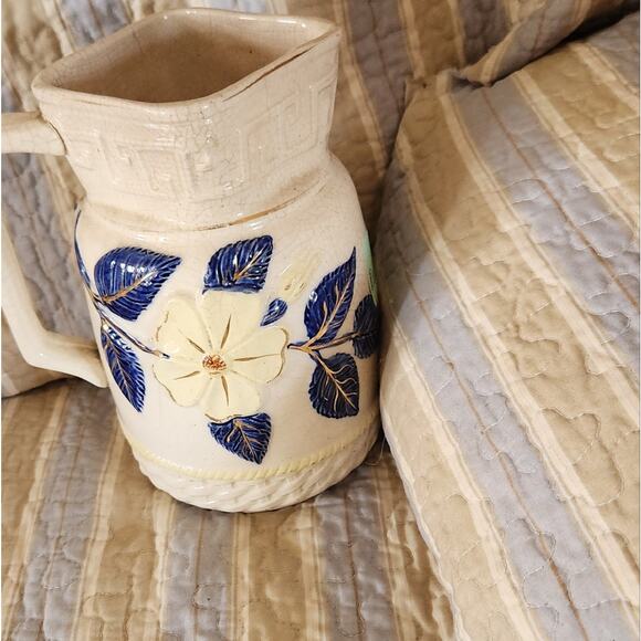 Antique Majolica Pitcher with Cobalt blue White Gold Flowers Leaves